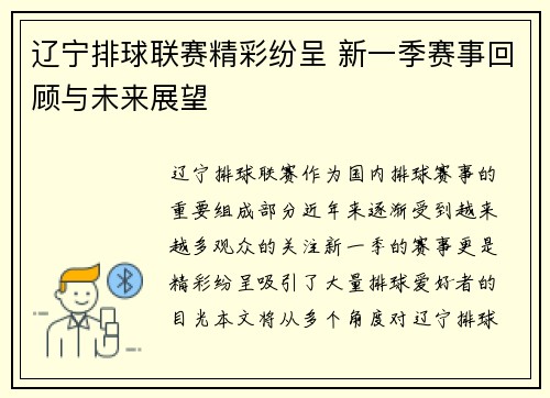 辽宁排球联赛精彩纷呈 新一季赛事回顾与未来展望